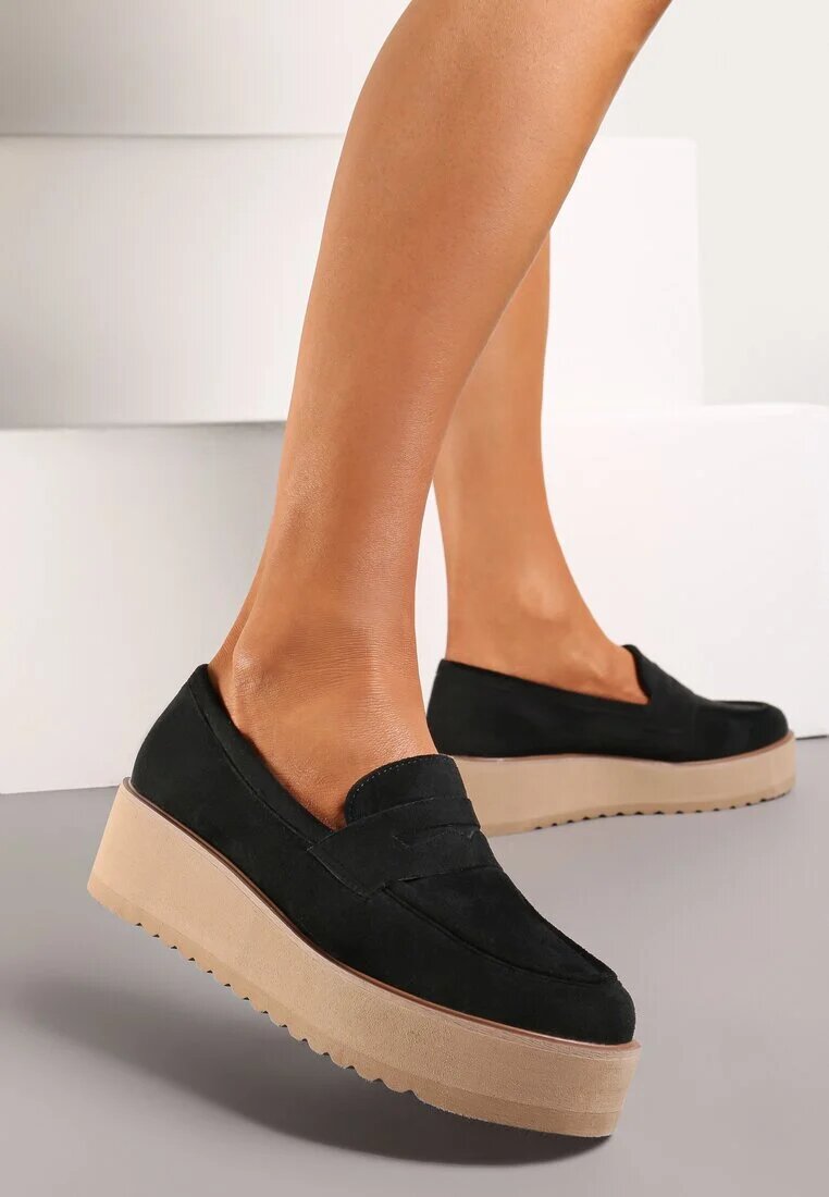  Pantofi Negri stil mocasini din imitație de piele întoarsă pe platformă Vhisper