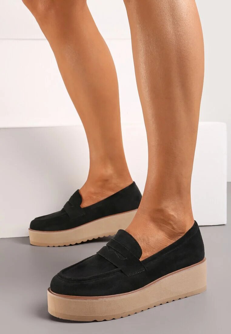  Pantofi Negri stil mocasini din imitație de piele întoarsă pe platformă Vhisper