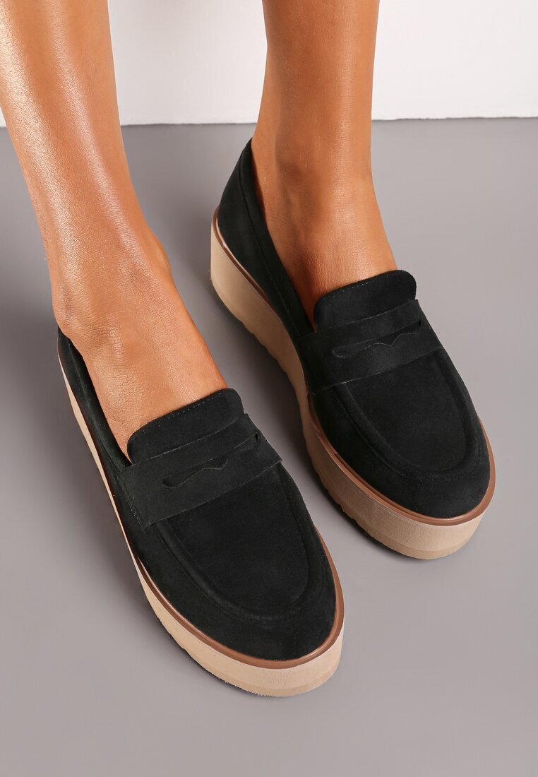  Pantofi Negri stil mocasini din imitație de piele întoarsă pe platformă Vhisper
