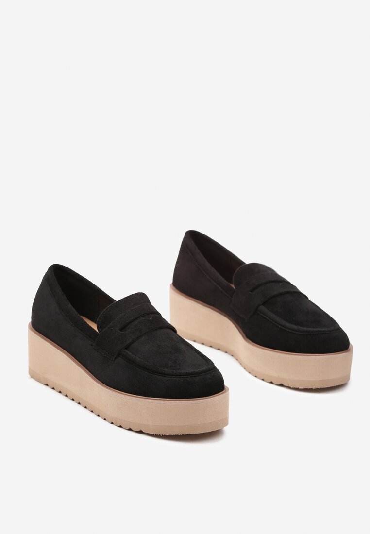  Pantofi Negri stil mocasini din imitație de piele întoarsă pe platformă Vhisper