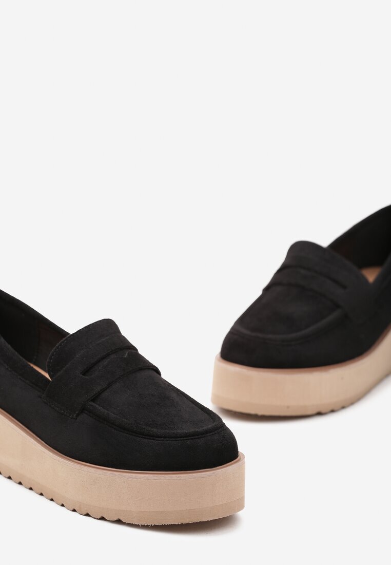  Pantofi Negri stil mocasini din imitație de piele întoarsă pe platformă Vhisper