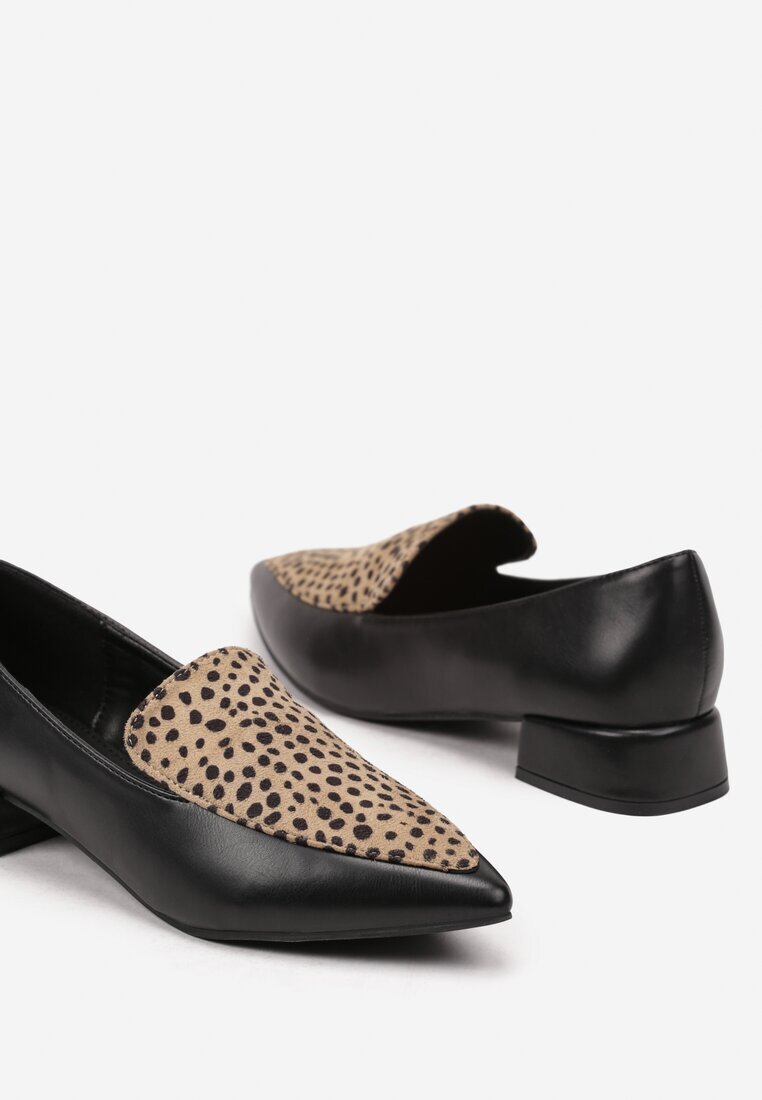  Pantofi Negru-Bej Tip Mocasini cu vârful ascuțit și cu toc bloc scurt Tillea