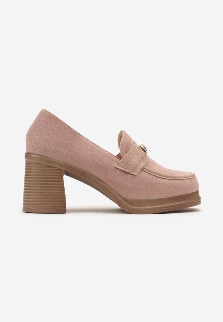  Pantofi Roz Stil Mocasin cu Toc Bloc cu Cataramă Amledis
