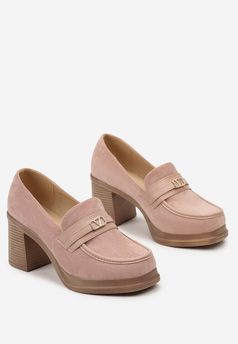  Pantofi Roz Stil Mocasin cu Toc Bloc cu Cataramă Amledis