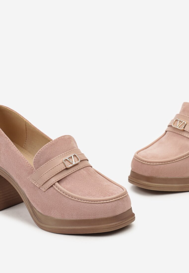  Pantofi Roz Stil Mocasin cu Toc Bloc cu Cataramă Amledis