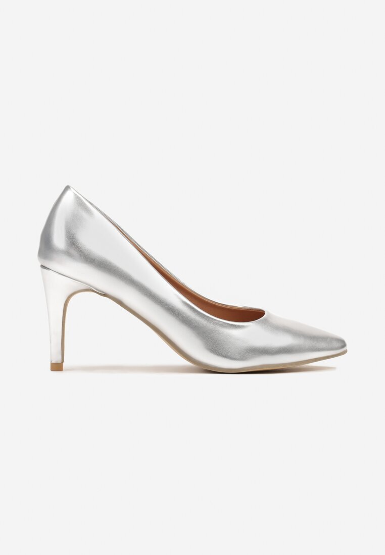  Pantofi stiletto argintii casual cu branț din piele naturală Lerelit