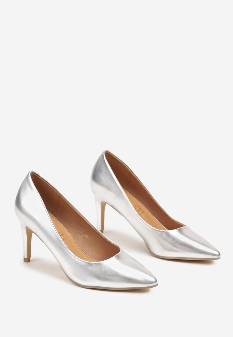  Pantofi stiletto argintii casual cu branț din piele naturală Lerelit