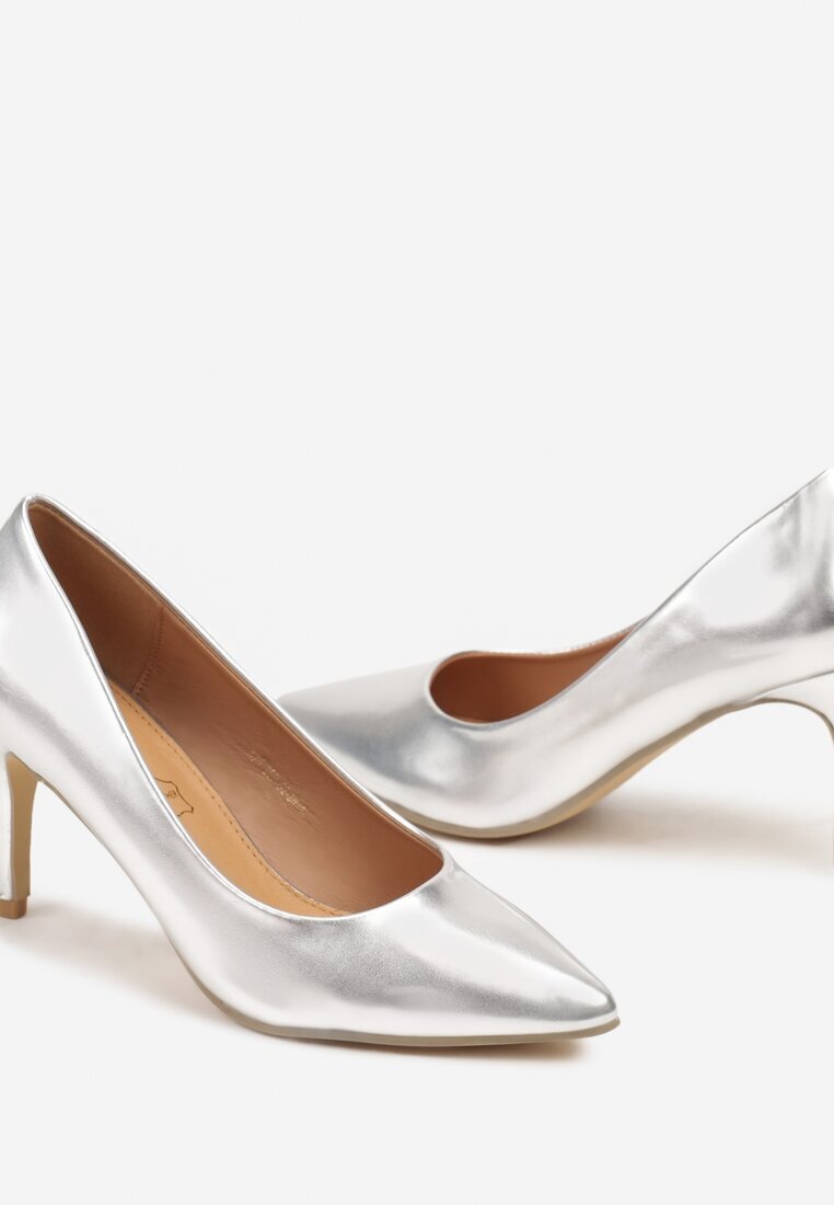 Pantofi stiletto argintii casual cu branț din piele naturală Lerelit