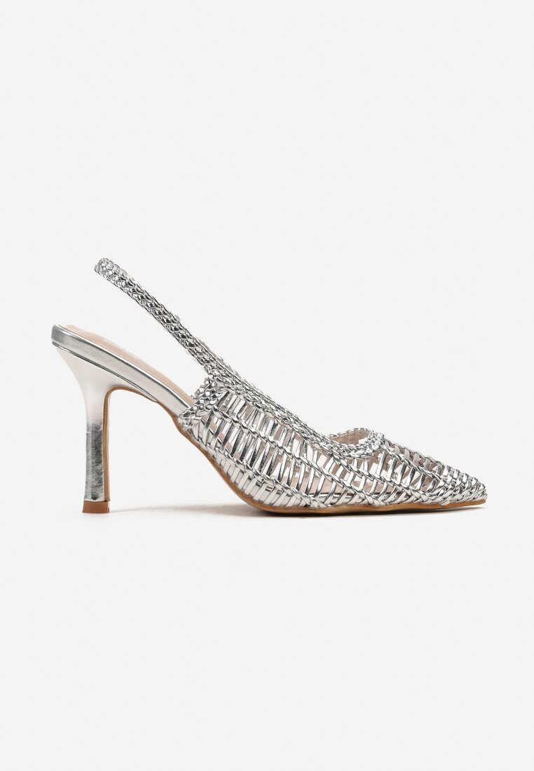  Pantofi stiletto argintii cu fețe împletite cu toc stiletto și vârf ascuțit Letto