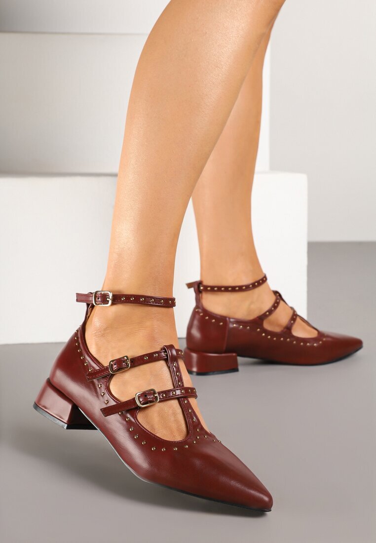  Pantofi stiletto Bordeaux cu curele cu catarame și nituri Nevisalae