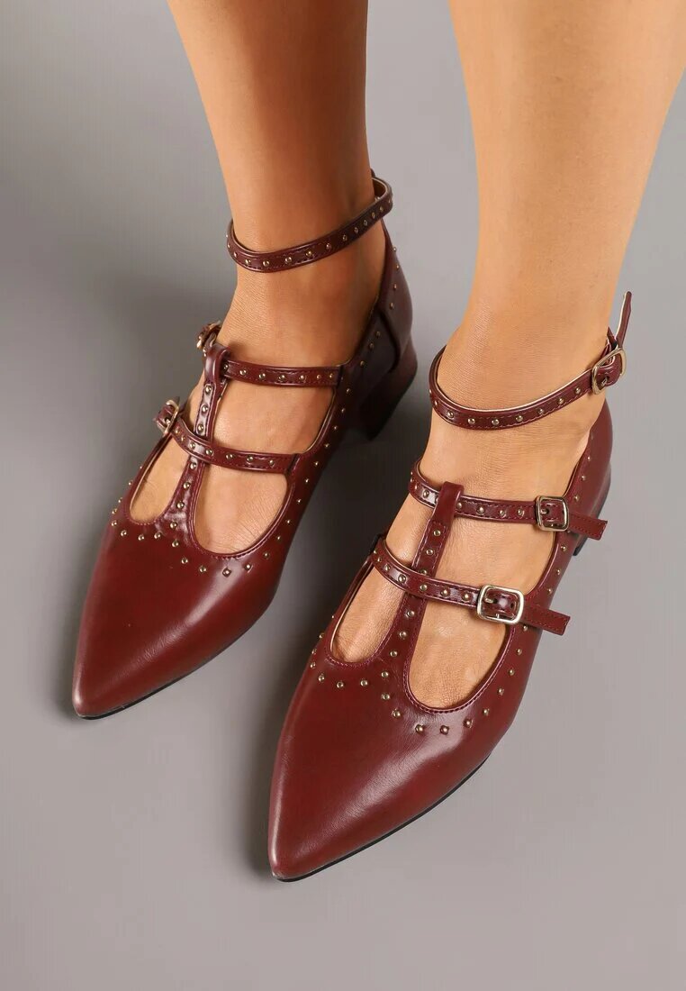  Pantofi stiletto Bordeaux cu curele cu catarame și nituri Nevisalae