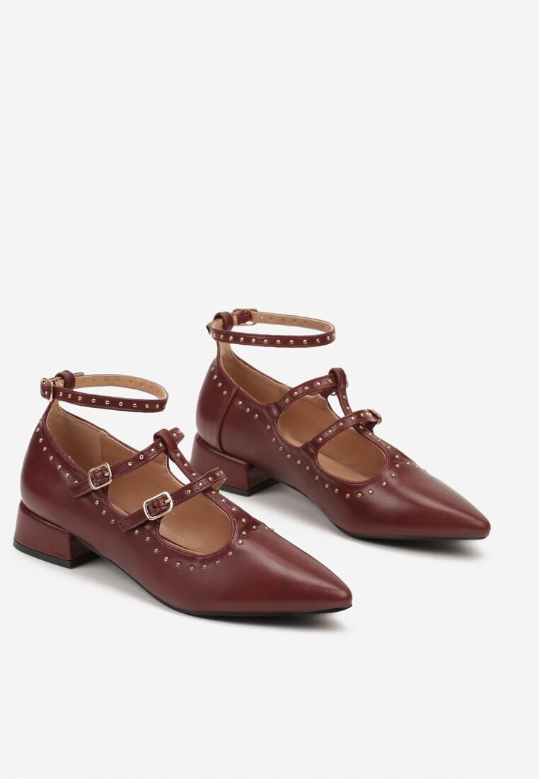  Pantofi stiletto Bordeaux cu curele cu catarame și nituri Nevisalae