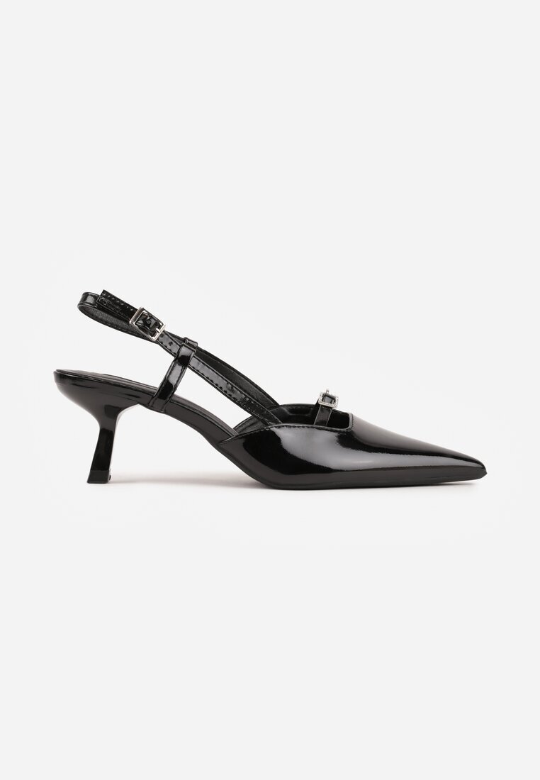  Pantofi stiletto Negre cu toc pisică Peep Toe împodobite cu catarame Evalssia