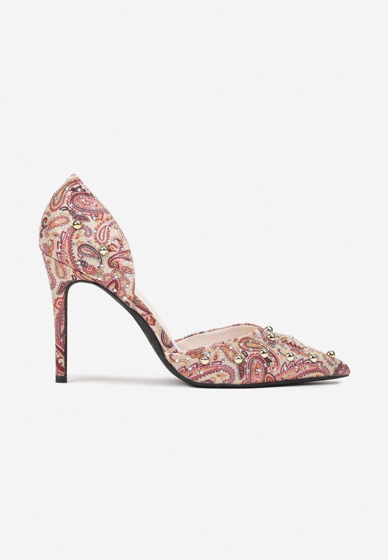  Pantofi stiletto roz cu vârf ascuțit cu model original cu zirconii și nituri Alfiratte