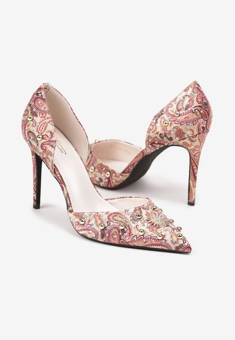  Pantofi stiletto roz cu vârf ascuțit cu model original cu zirconii și nituri Alfiratte