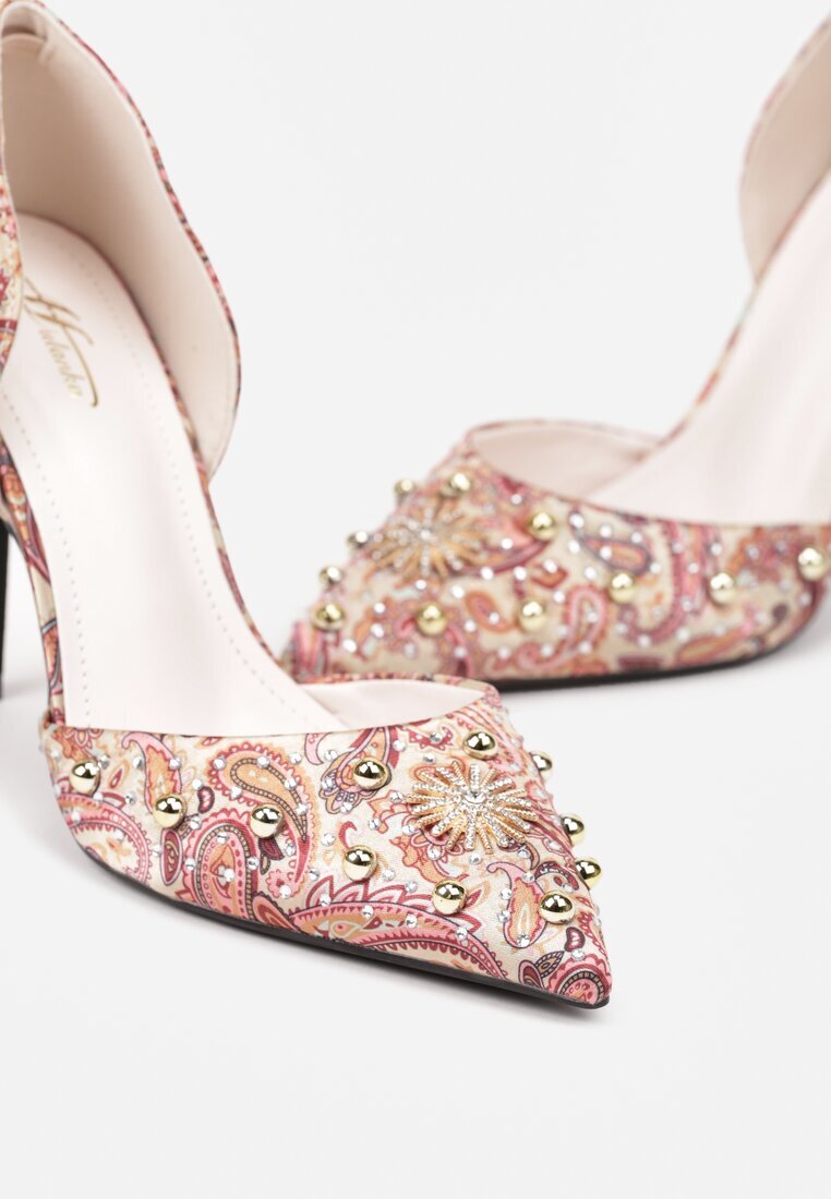  Pantofi stiletto roz cu vârf ascuțit cu model original cu zirconii și nituri Alfiratte