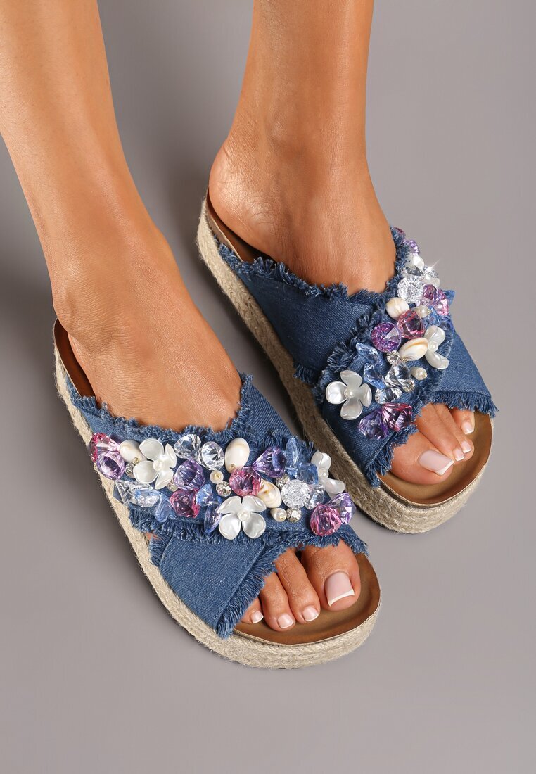  Papuci Albaștri pe Platformă în Stil Boho cu Aplicații și Împletitură Rissona