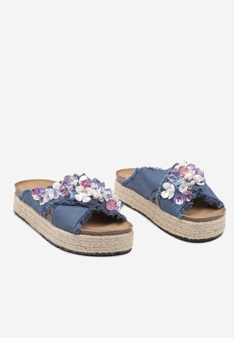  Papuci Albaștri pe Platformă în Stil Boho cu Aplicații și Împletitură Rissona