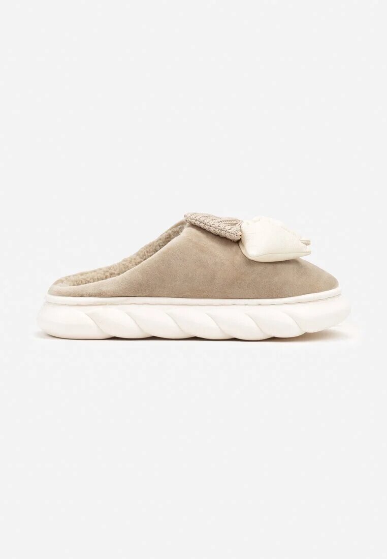  Papuci Bej închis cu talpă plată cu blăniță și fundiță Dezilaine