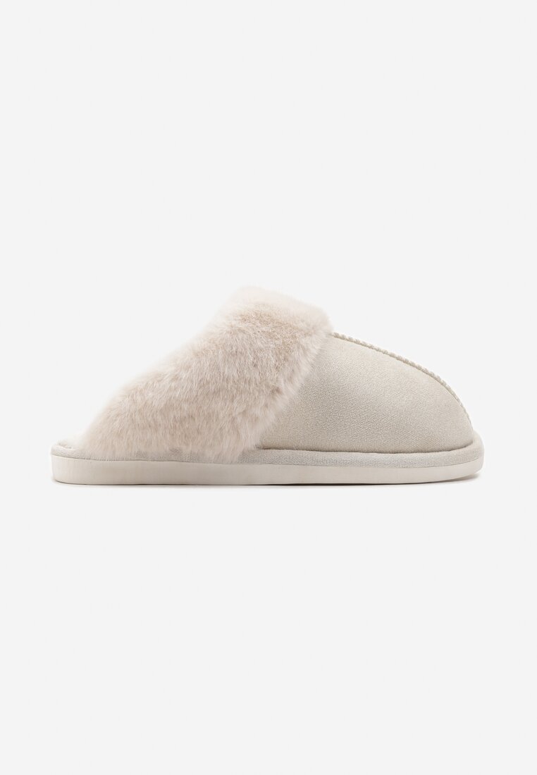  Papuci bej slip-on decorați cu blăniță și cusături Almane