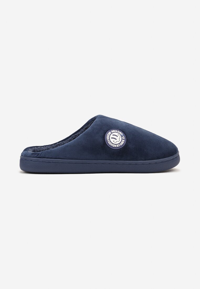  Papuci bleumarin pe talpă plată decorate cu blană în stil de miel Mairelle