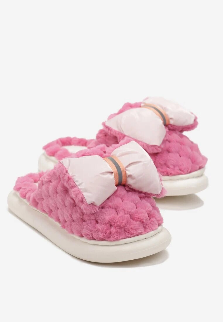  Papuci Fucsia Calde Pufoase Decorați cu relief și fundiță Davelle