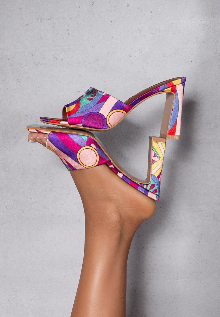  Papuci violet din satin cu model abstract pe toc înalt Satella