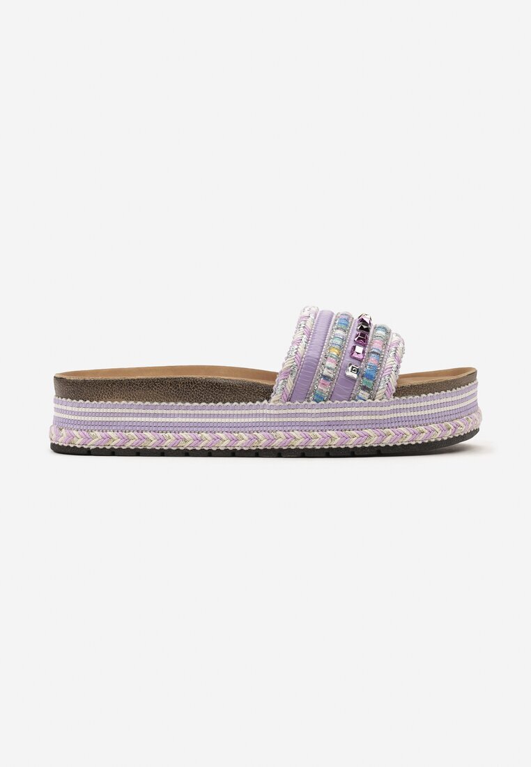  Papuci Violet pe Platformă Joasă Decorați cu Fir Metalic și Sclipici Evandie