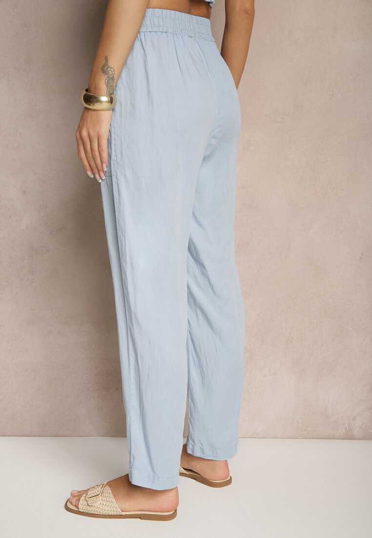 pesail Pantaloni Albaștri deschis cu Bumbac High Waist Decorați cu Legătură Calwia