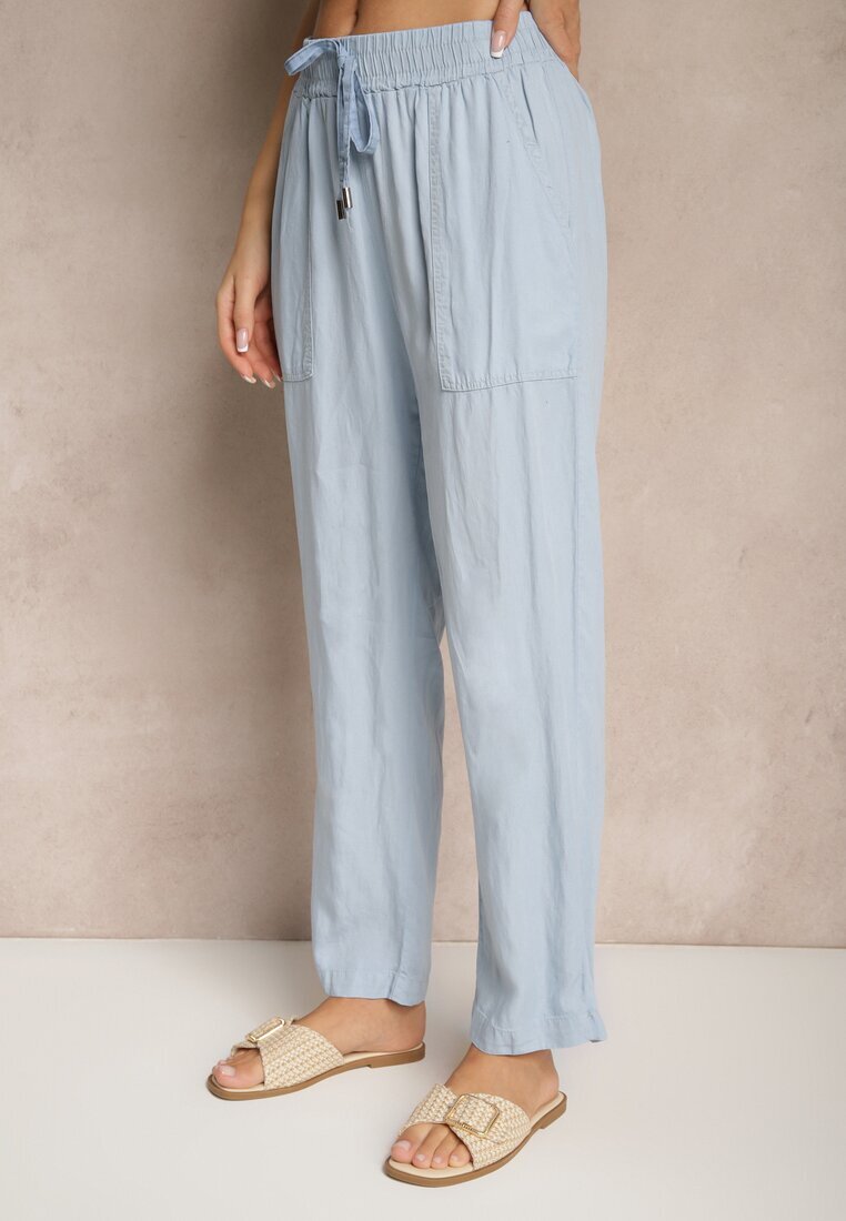 pesail Pantaloni Albaștri deschis cu Bumbac High Waist Decorați cu Legătură Calwia
