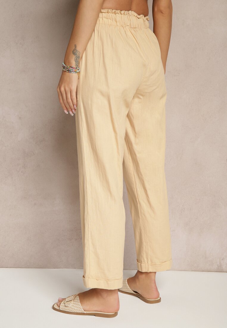pesail Pantaloni Bej din Bumbac High Waist cu Legătură Tyswia