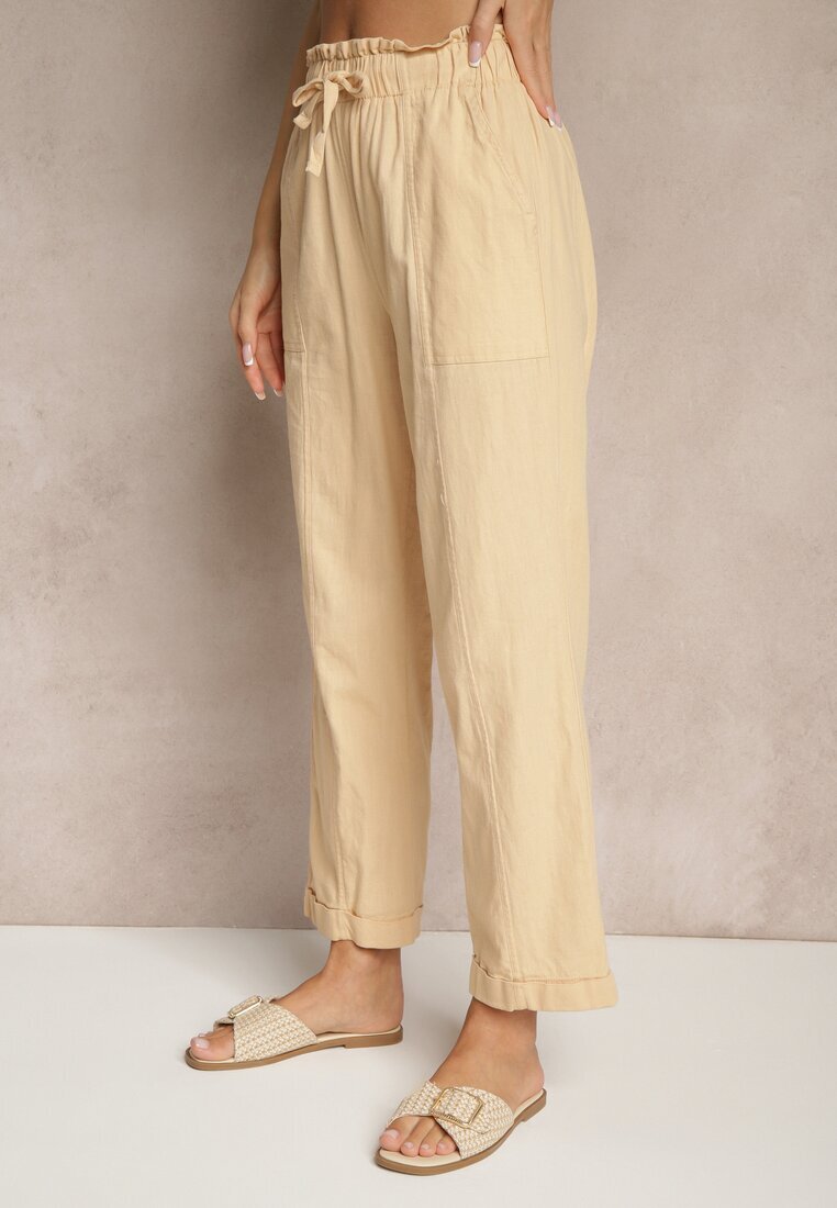 pesail Pantaloni Bej din Bumbac High Waist cu Legătură Tyswia