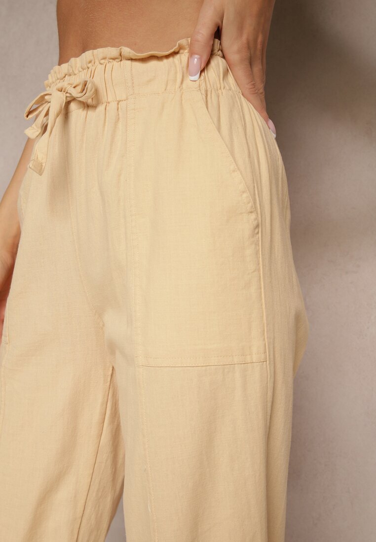 pesail Pantaloni Bej din Bumbac High Waist cu Legătură Tyswia