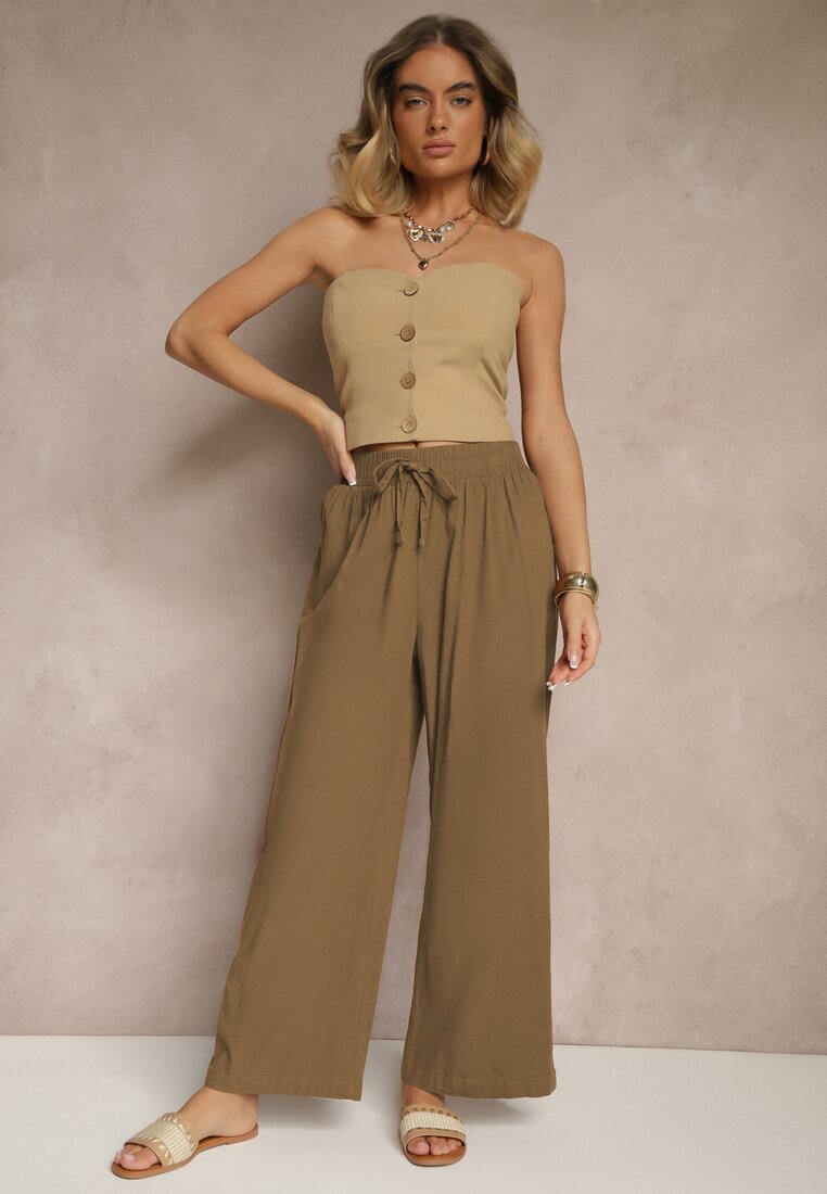 pesail Pantaloni Maro deschis High Waist Largi din bumbac Cu cordon în talie Cu elastic în talie Yaslio