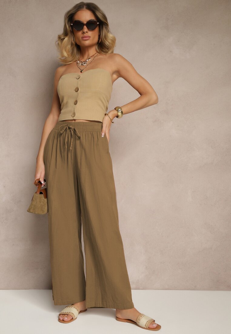 pesail Pantaloni Maro deschis High Waist Largi din bumbac Cu cordon în talie Cu elastic în talie Yaslio