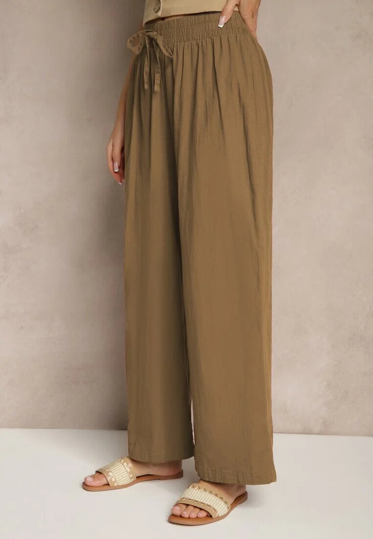 pesail Pantaloni Maro deschis High Waist Largi din bumbac Cu cordon în talie Cu elastic în talie Yaslio