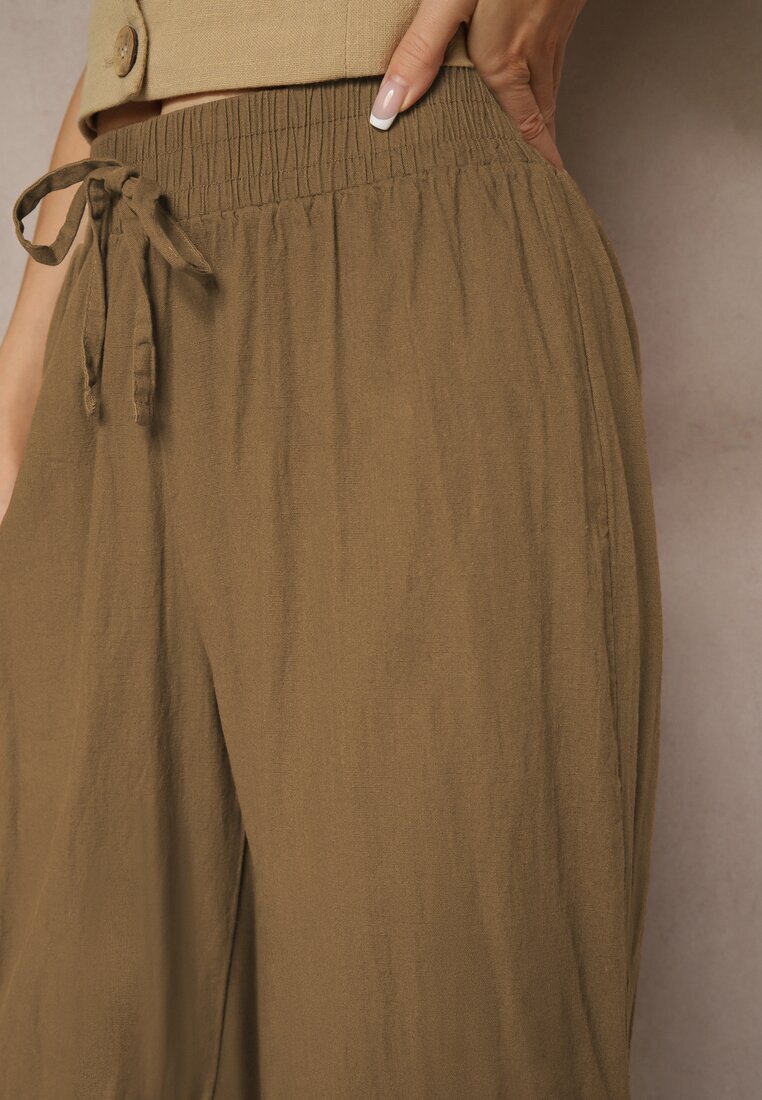 pesail Pantaloni Maro deschis High Waist Largi din bumbac Cu cordon în talie Cu elastic în talie Yaslio