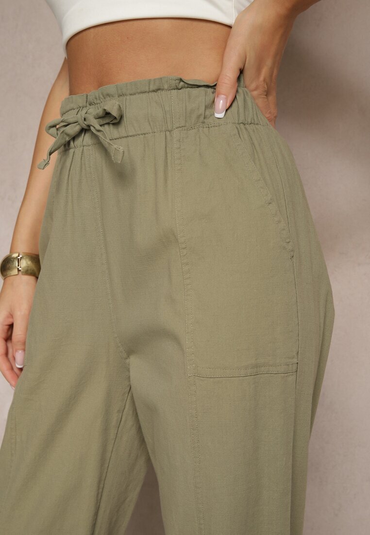 pesail Pantaloni Verde închis din Bumbac Talie înaltă cu Legătură Tyswia
