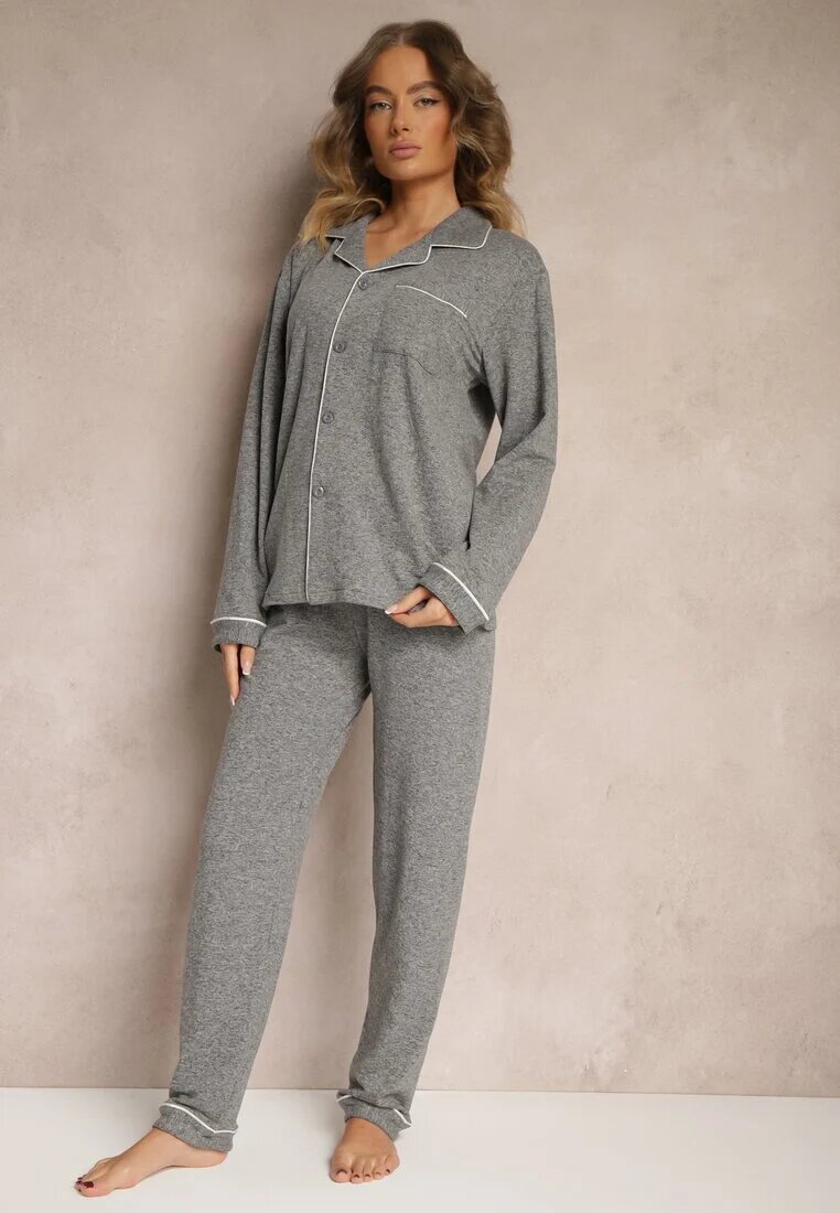  Pijama gri închis din bumbac pantaloni cu elastic în talie și bluză Amiremi