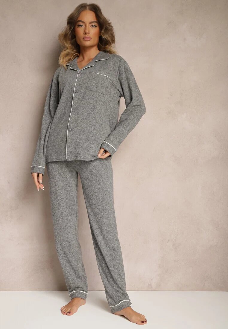  Pijama gri închis din bumbac pantaloni cu elastic în talie și bluză Amiremi