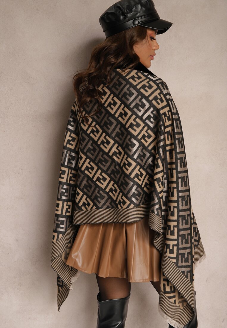  Poncho Negru din Viscoză cu Imprimeu Geometric cu Blăniță Miavira