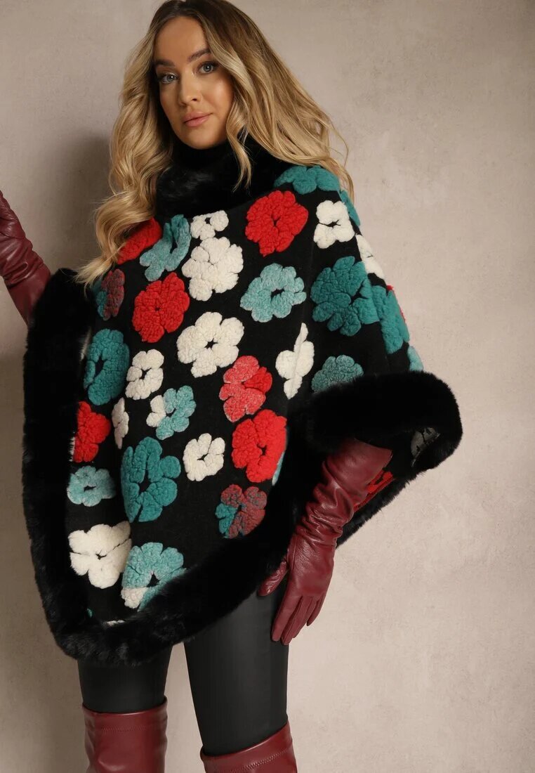  Poncho Negru din Viscoză Decorat cu Aplicații din Blană în formă de Flori Lealithwen