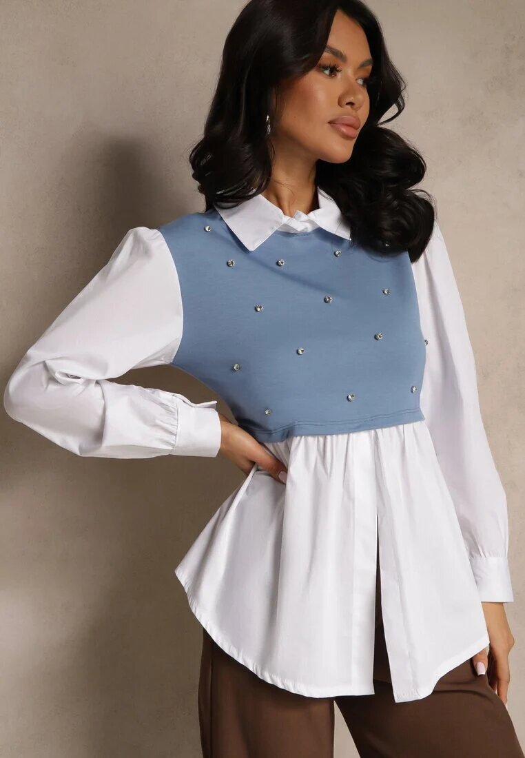 pretty Bluză Albastră tip cămașă cu Viscoză cu Croi Evazat și Vestă Cusută Uliadorella