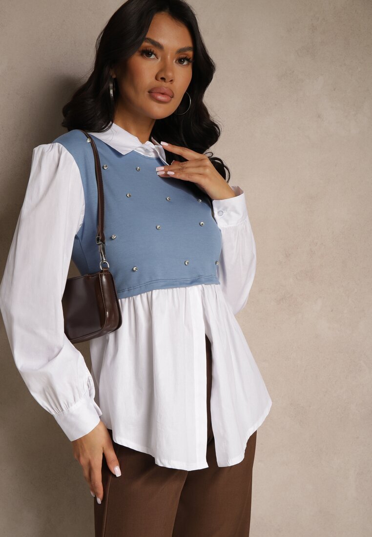 pretty Bluză Albastră tip cămașă cu Viscoză cu Croi Evazat și Vestă Cusută Uliadorella