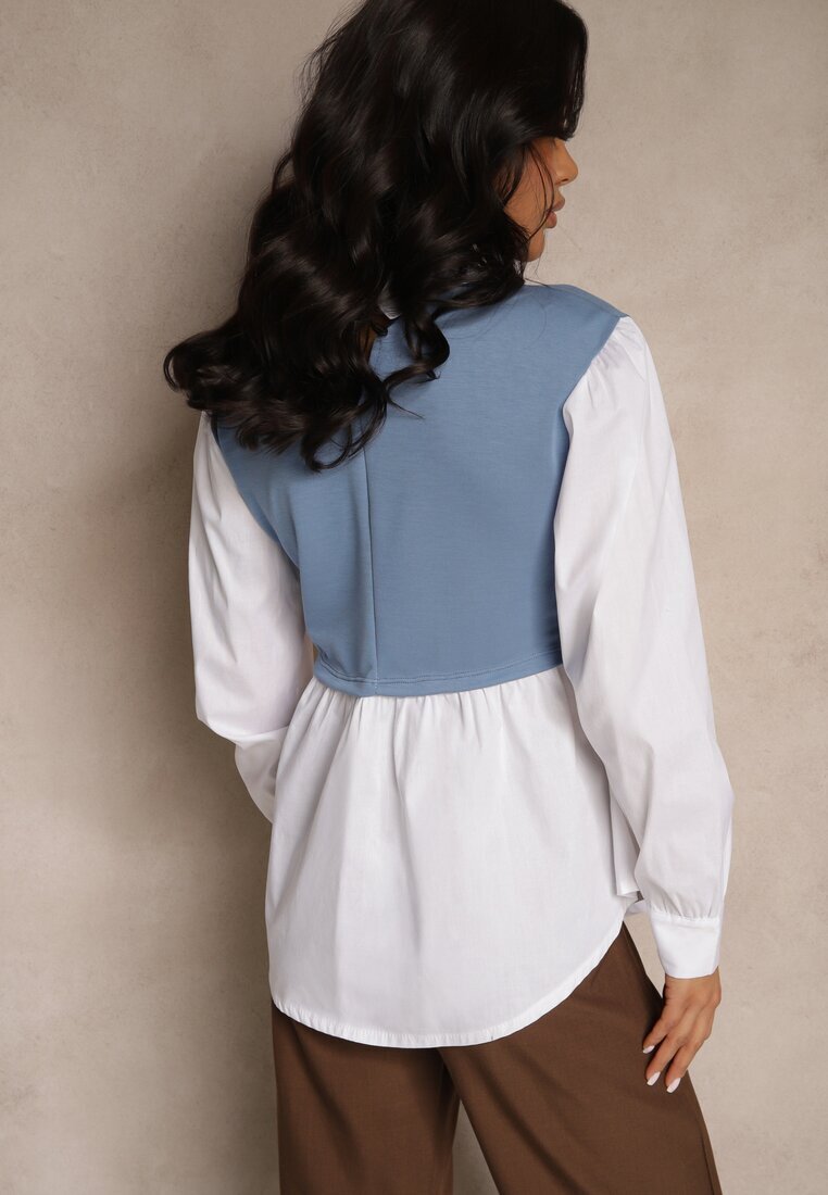 pretty Bluză Albastră tip cămașă cu Viscoză cu Croi Evazat și Vestă Cusută Uliadorella