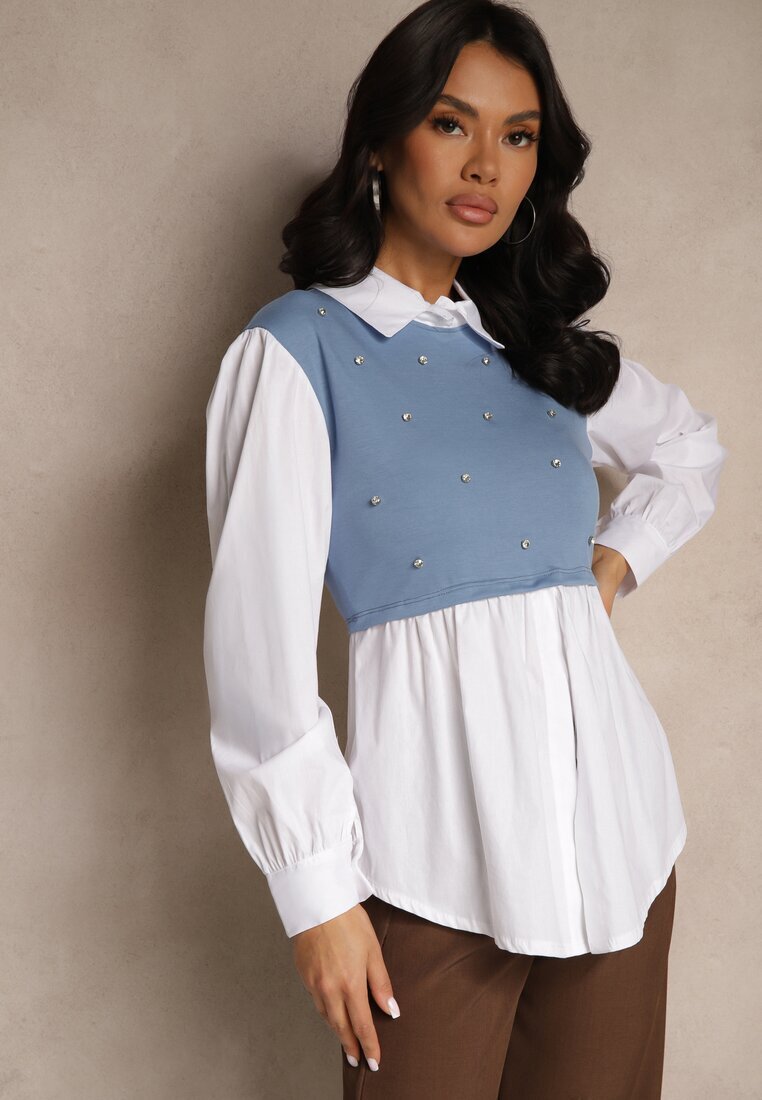 pretty Bluză Albastră tip cămașă cu Viscoză cu Croi Evazat și Vestă Cusută Uliadorella