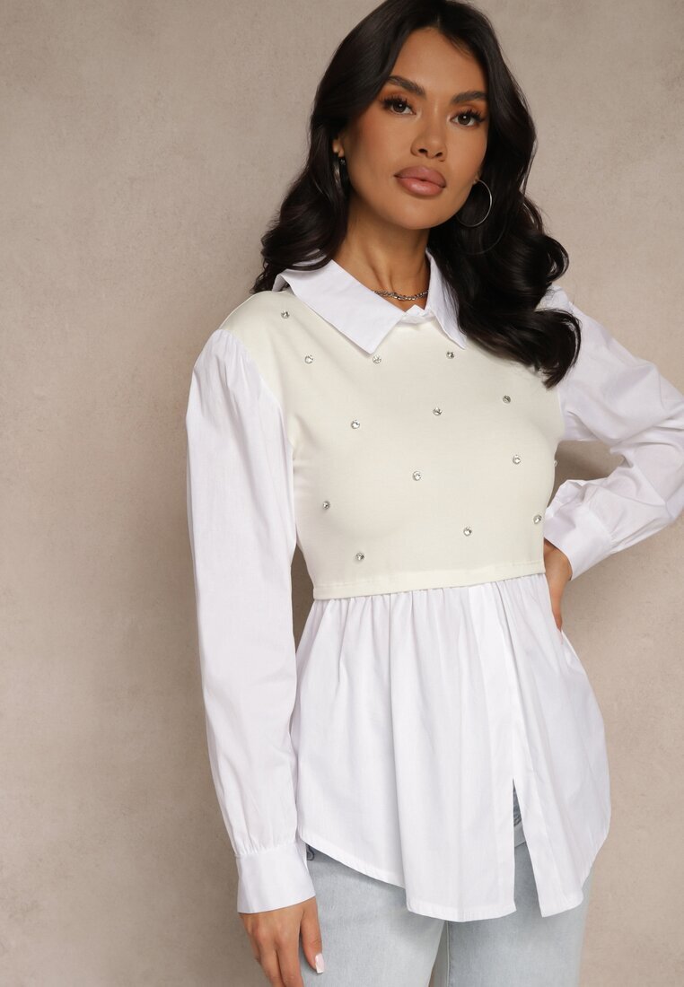 pretty Bluză cămașă bej deschis din vâscoză cu croi evazat cu vestă cusută Uliadorella