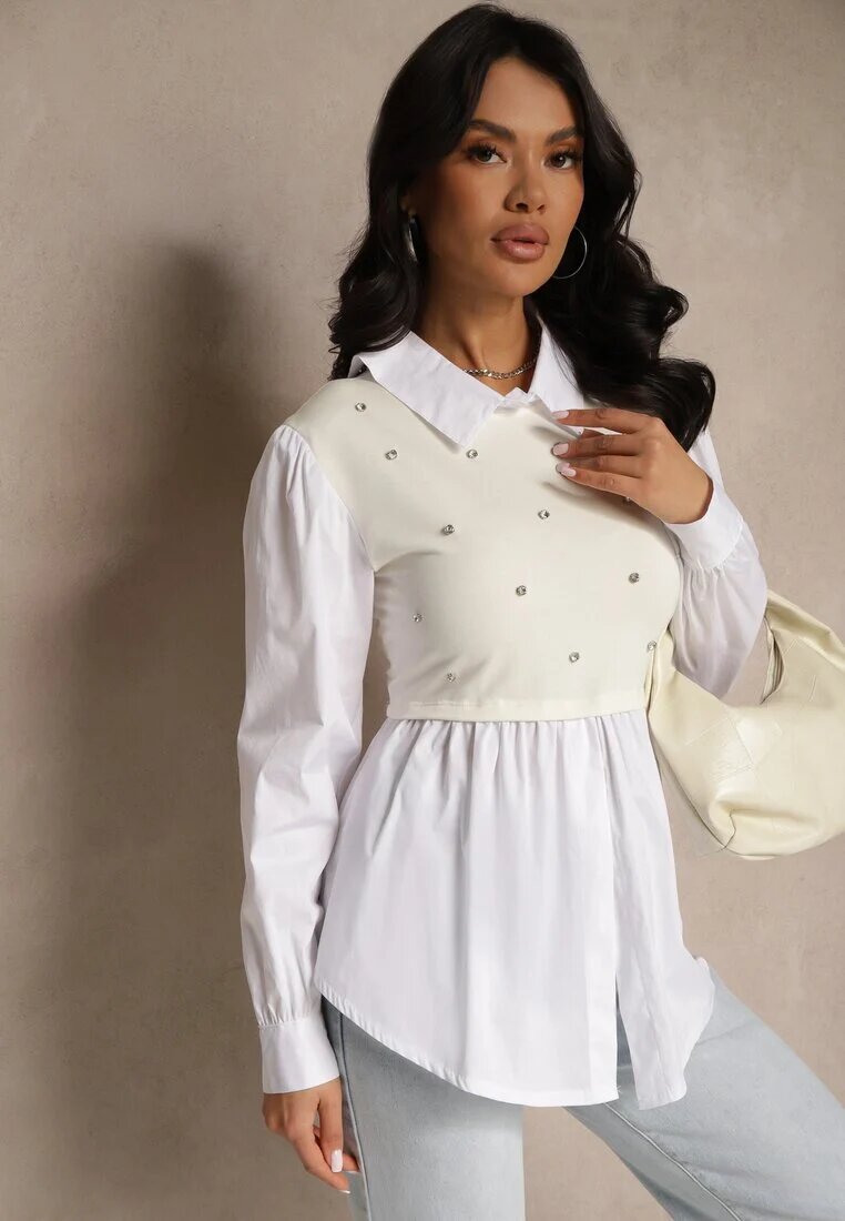 pretty Bluză cămașă bej deschis din vâscoză cu croi evazat cu vestă cusută Uliadorella