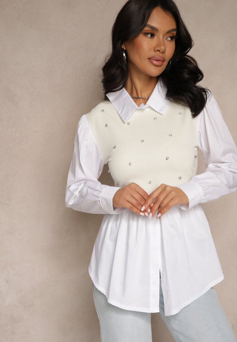 pretty Bluză cămașă bej deschis din vâscoză cu croi evazat cu vestă cusută Uliadorella