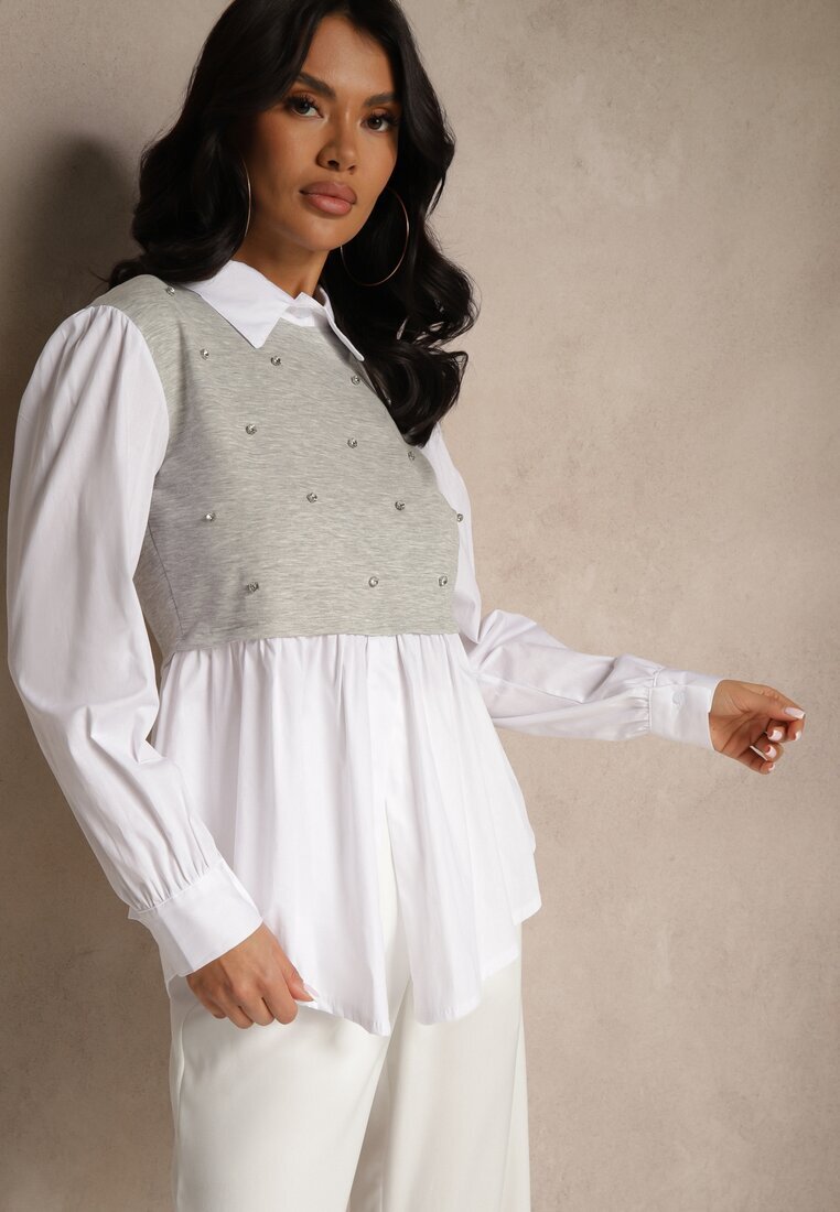 pretty Bluză-Cămașă Gri cu Viscoză cu Croială Cloș cu Vestă Incorporată Uliadorella